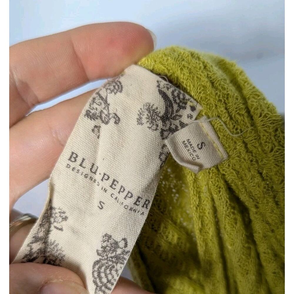 Blu Pepper Pea Green Waffle Knit Sheer Pattern Balloon Sleeve Lagenlook Blouse S - Picture 5 of 6